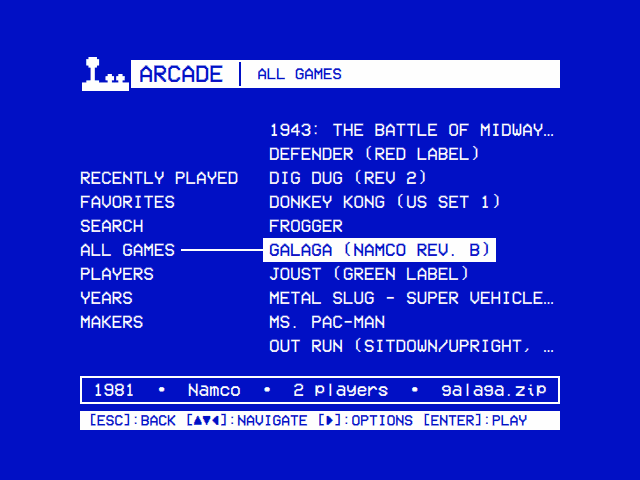 Arcade | All Games: 1943, Defender, Dig Dug, Donkey Kong, Frogger, Galaga (Namco rev. B) selected, Joust, Metal Slug, Ms. Pac-Man, Out Run; under them 1981, Namco, 2 players, galaga.zip