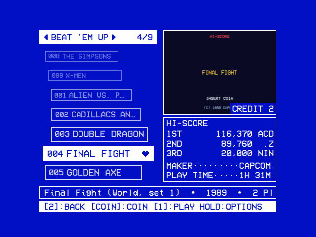 List Style 3D Curved: Final Fight two rows under the wheel's middle, furthest out, the games over and under it smaller and fainter the further they are from it; the bar reads 4/9