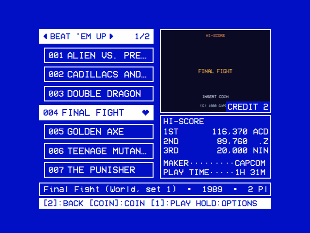 List Style Straight: seven games one under another as wide as the bar, Final Fight selected and out to the bar's left end