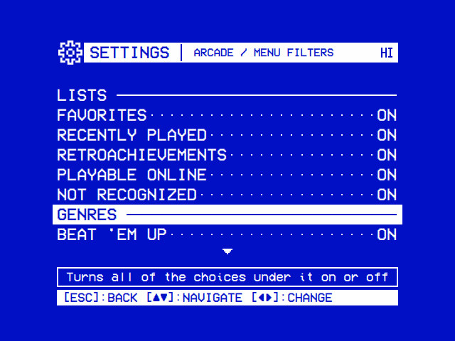 Settings / Arcade / Menu Filters: the LISTS heading over Favorites, Recently Played, RetroAchievements, Playable Online and Not Recognized, ON; the GENRES heading selected, over Beat 'em Up, ON; the help line: Turns all of the choices under it on or off