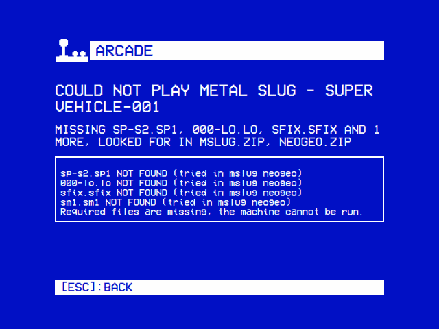 Could not play Metal Slug: missing sp-s2.sp1, 000-lo.lo, sfix.sfix and 1 more, looked for in mslug.zip, neogeo.zip, and MAME's own lines