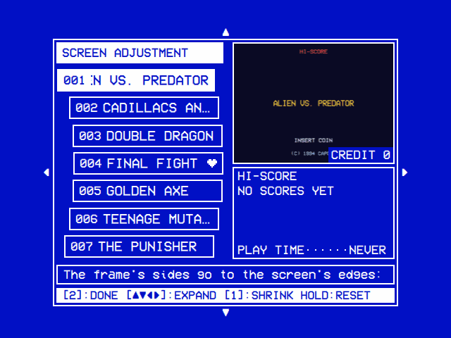 Screen Adjustment: the Arcade screen inside a frame with an arrow beyond each side, ▲ above, ▼ below, ◄ and ► at the sides; the bar reads SCREEN ADJUSTMENT, the help line The frame's sides go to the screen's edges, and the hint bar [2]:DONE [▲▼◄►]:EXPAND [1]:SHRINK HOLD:RESET