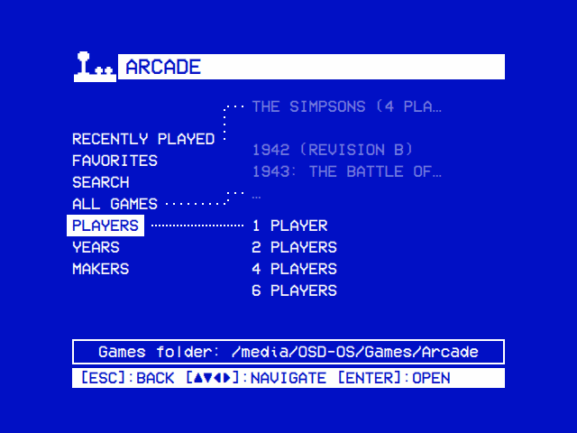 Arcade: Recently Played, Favorites, Search, All Games, Players, Years and Makers; Players open on 1 Player, 2 Players, 4 Players and 6 Players