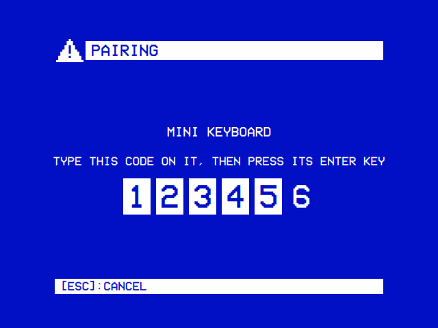 PAIRING: MINI KEYBOARD. TYPE THIS CODE ON IT, THEN PRESS ITS ENTER KEY: 123456, the first five digits solid