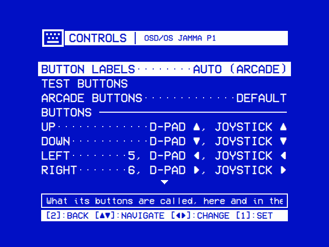 OSD/OS JAMMA P1's page: BUTTON LABELS AUTO (ARCADE), TEST BUTTONS, ARCADE BUTTONS DEFAULT, then BUTTONS: UP D-PAD ▲, JOYSTICK ▲; DOWN D-PAD ▼, JOYSTICK ▼; LEFT 5, D-PAD ◄, JOYSTICK ◄; RIGHT 6, D-PAD ►, JOYSTICK ►. The hints read [2]:BACK and [1]:SET