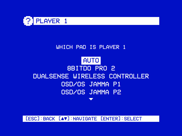 PLAYER 1: WHICH PAD IS PLAYER 1, then AUTO (selected), 8BITDO PRO 2, DUALSENSE WIRELESS CONTROLLER, OSD/OS JAMMA P1, OSD/OS JAMMA P2