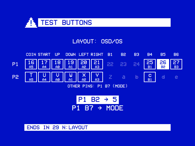TEST BUTTONS, LAYOUT: OSD/OS. A grid of the edge's pins under COIN, START, UP, DOWN, LEFT, RIGHT, B1 to B6: player 1's 16 to 21 and 25 to 27 framed with their expander pins (A5, A4, A0 to A3, B1 to B3), 26 held; 22, 23 and 24 dim. Player 2's T to Y and c framed; Z, a, b, d and e dim. OTHER PINS: P1 B7 (MODE). Then P1 B2 → 5, P1 B7 → MODE. ENDS IN 29 N:LAYOUT