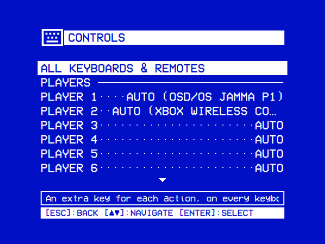 Settings → Controls: ALL KEYBOARDS & REMOTES; PLAYERS: PLAYER 1 AUTO (OSD/OS JAMMA P1), PLAYER 2 AUTO (XBOX WIRELESS CO…), PLAYER 3 to PLAYER 6 AUTO