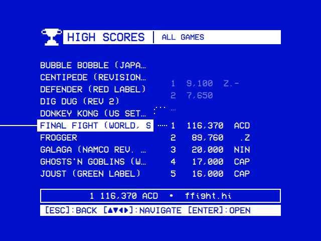 High Scores | All Games: Final Fight (World, set 1) selected, its table beside it, 1 116,370 ACD to 5 16,000 CAP; under them 1 116,370 ACD, ffight.hi