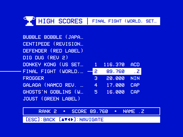 High Scores | Final Fight: entry 2 selected, 2 89,760 .Z; under them RANK 2, SCORE 89,760, NAME .Z