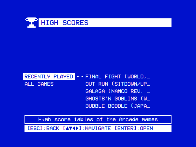 High Scores: Recently Played and All Games; Recently Played open on Final Fight, Out Run, Galaga, Ghosts'n Goblins and Bubble Bobble