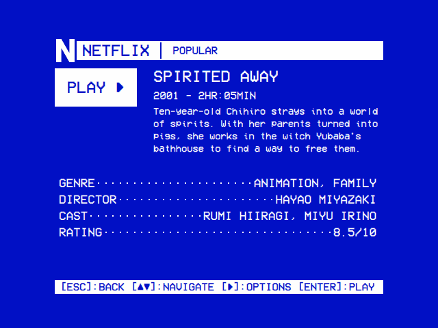 Netflix's info screen for a film: PLAY ► in a box, its name, year and length, the story, then GENRE, DIRECTOR, CAST and RATING lines