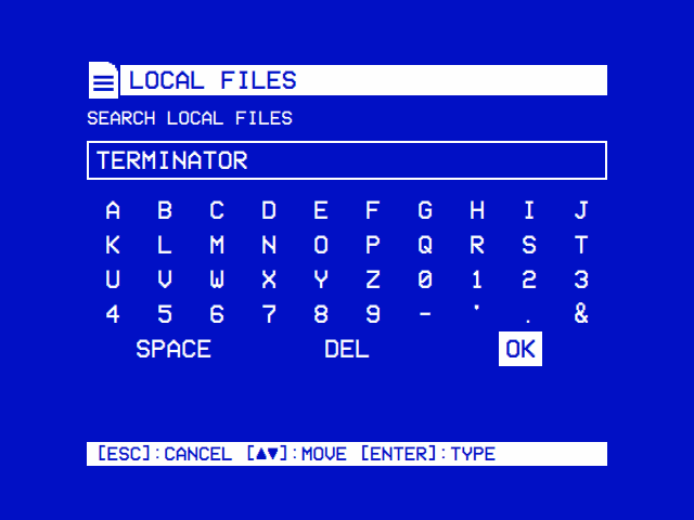 The on-screen keyboard: letters, digits, SPACE, DEL and OK