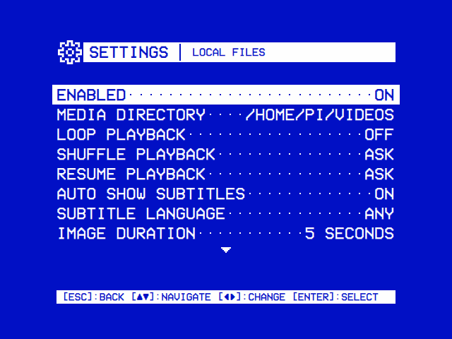 Local Files' settings: Enabled, Media Directory, Loop Playback, Shuffle Playback, Resume Playback, Auto Show Subtitles, Subtitle Language, Image Duration