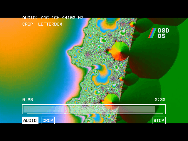 The deck's menu during a video: the AUDIO and CROP lines, the position bar between 0:28 and 0:30, and the AUDIO, CROP and STOP buttons