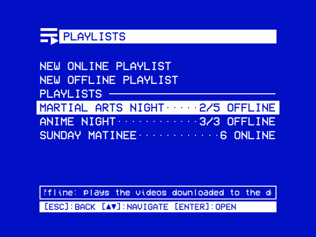Playlists: New Online Playlist, New Offline Playlist, then Martial Arts Night 2/5 Offline, Anime Night 3/3 Offline and Sunday Matinee 6 Online