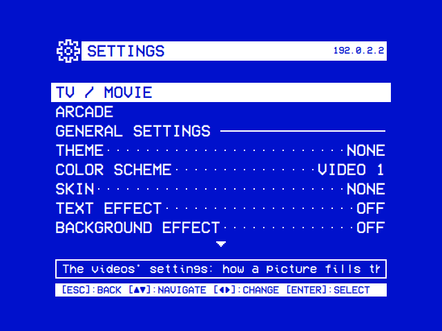 Settings: TV / Movie and Arcade, then under the GENERAL SETTINGS heading Theme and a row for each of its parts