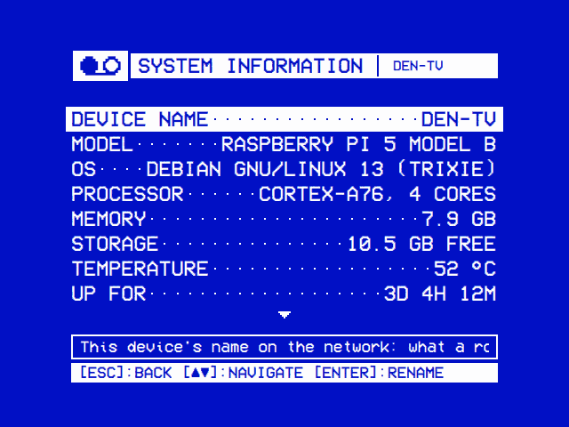 System Information: DEVICE NAME, MODEL, OS, PROCESSOR, MEMORY, STORAGE, MEDIA STORAGE, TEMPERATURE and UP FOR, then under NETWORK each connection's IP and MAC addresses