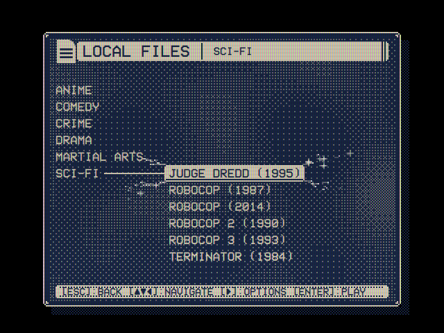 The template theme in Local Files: its skin's window, a plasma dithered behind the menus, phosphor stripes and scanlines over the screen, sparkles round the selected line