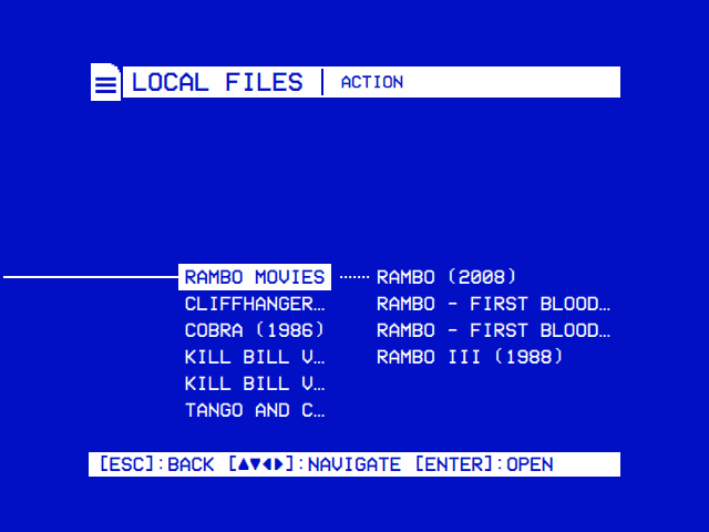 The open folders run along a line through the middle: Action, then Rambo Movies and its films