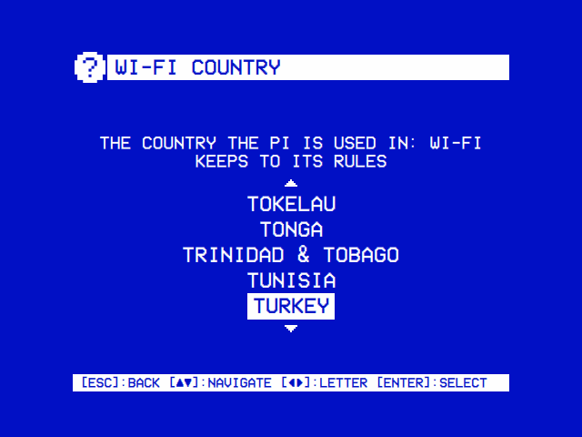 The Wi-Fi country's chooser, the countries by name, Turkey chosen
