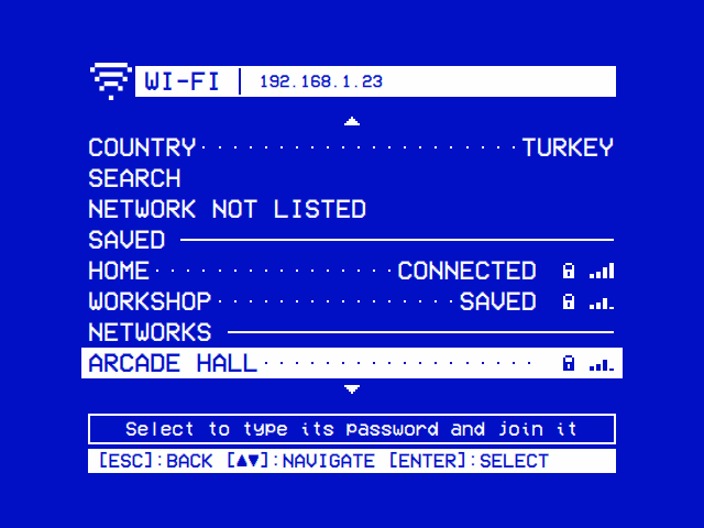Wi-Fi: COUNTRY, SEARCH and NETWORK NOT LISTED, then the saved networks, HOME connected, and the others, each with its lock and its signal in bars