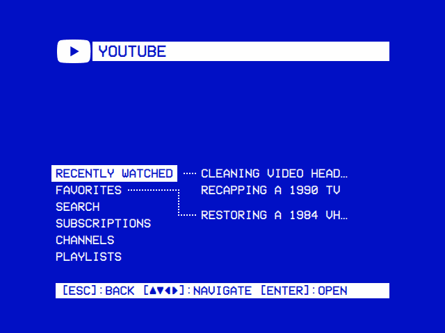 YouTube: Recently Watched, Favorites, Search, Subscriptions, Channels and Playlists in the tree