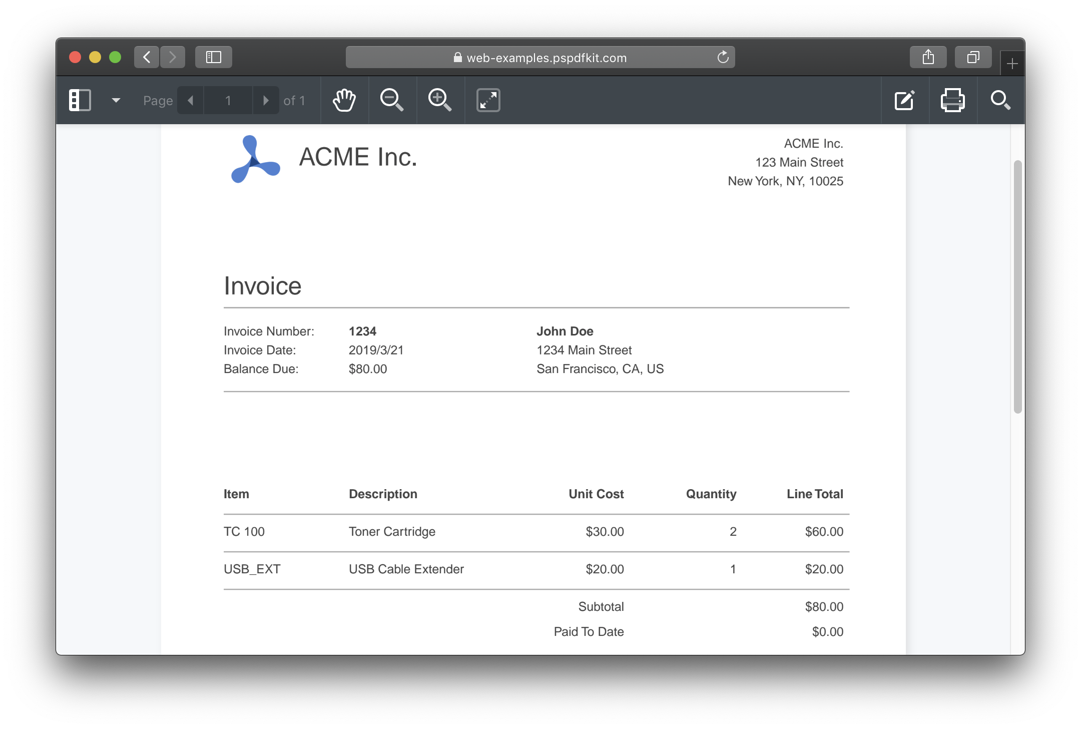 Screenshot of an invoice PDF in the PSPDFKit for Web reader.