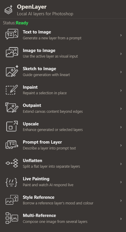 The OpenLayer panel in Photoshop, Artist-Friendly Dark theme