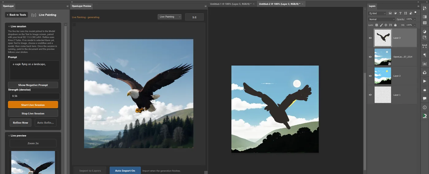 Live Painting turning a painted silhouette into a photographic eagle