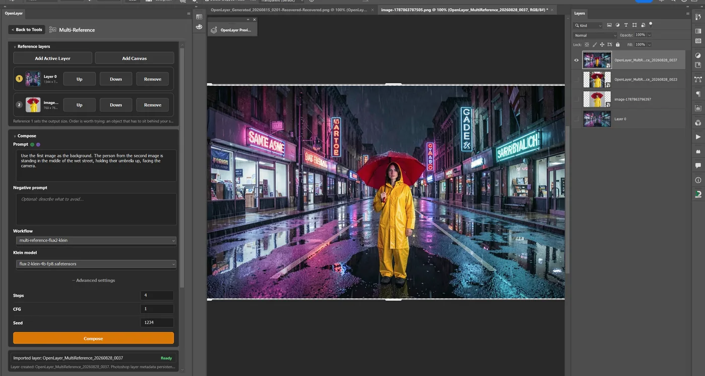 A figure in a yellow raincoat composed into a neon-lit rainy street