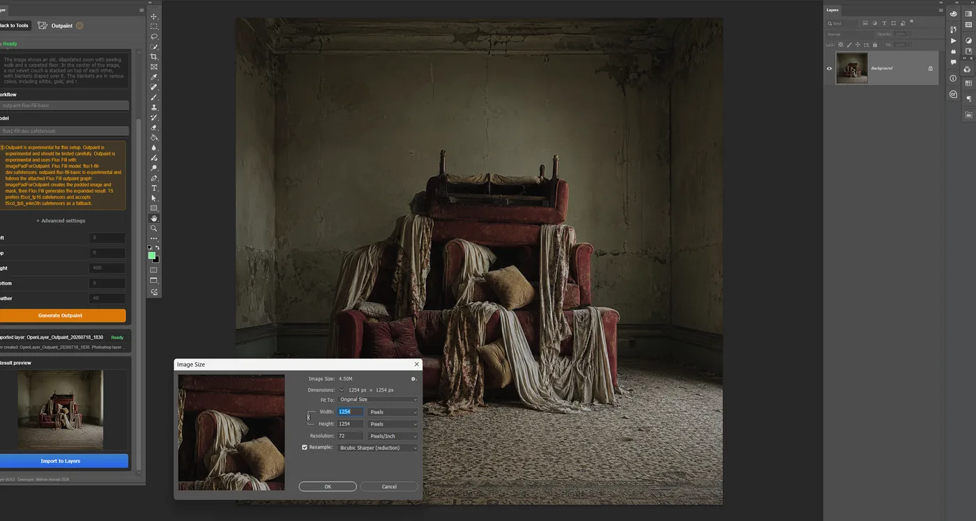 Outpaint extending a photographic interior beyond the original canvas