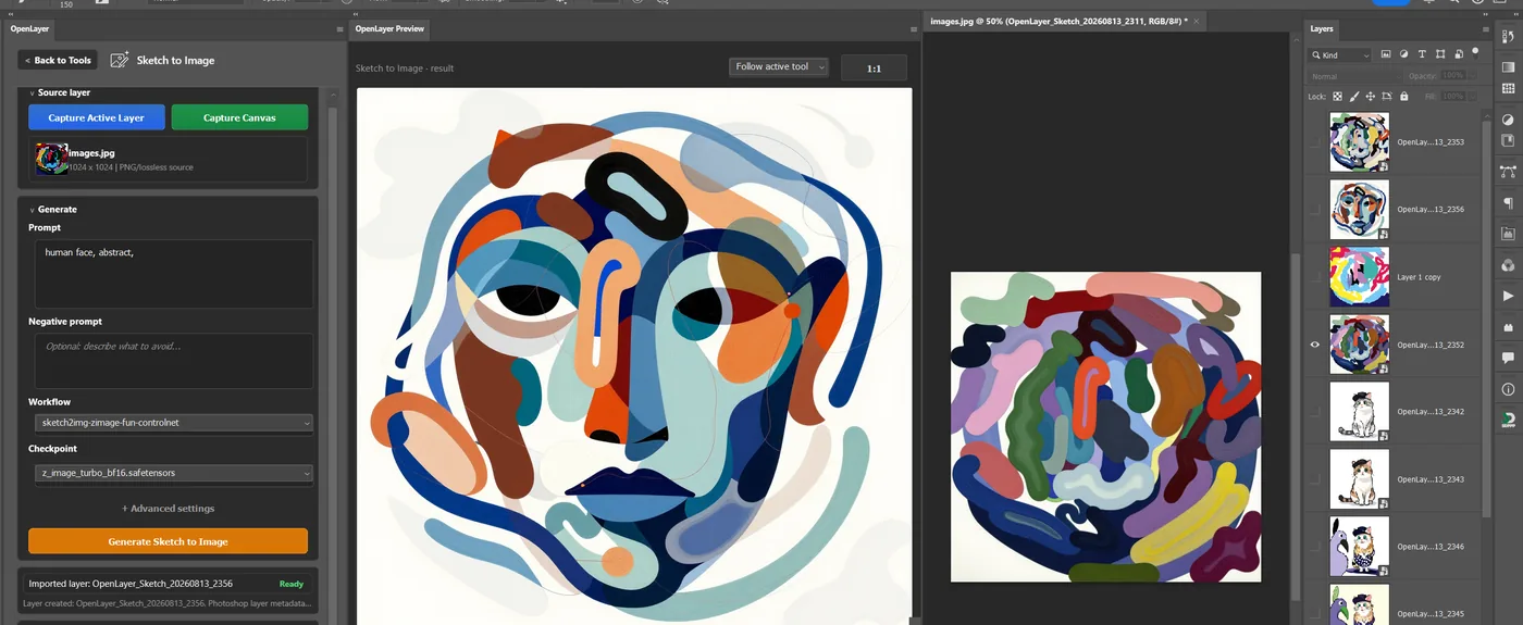 An abstract painted face generated through Sketch to Image