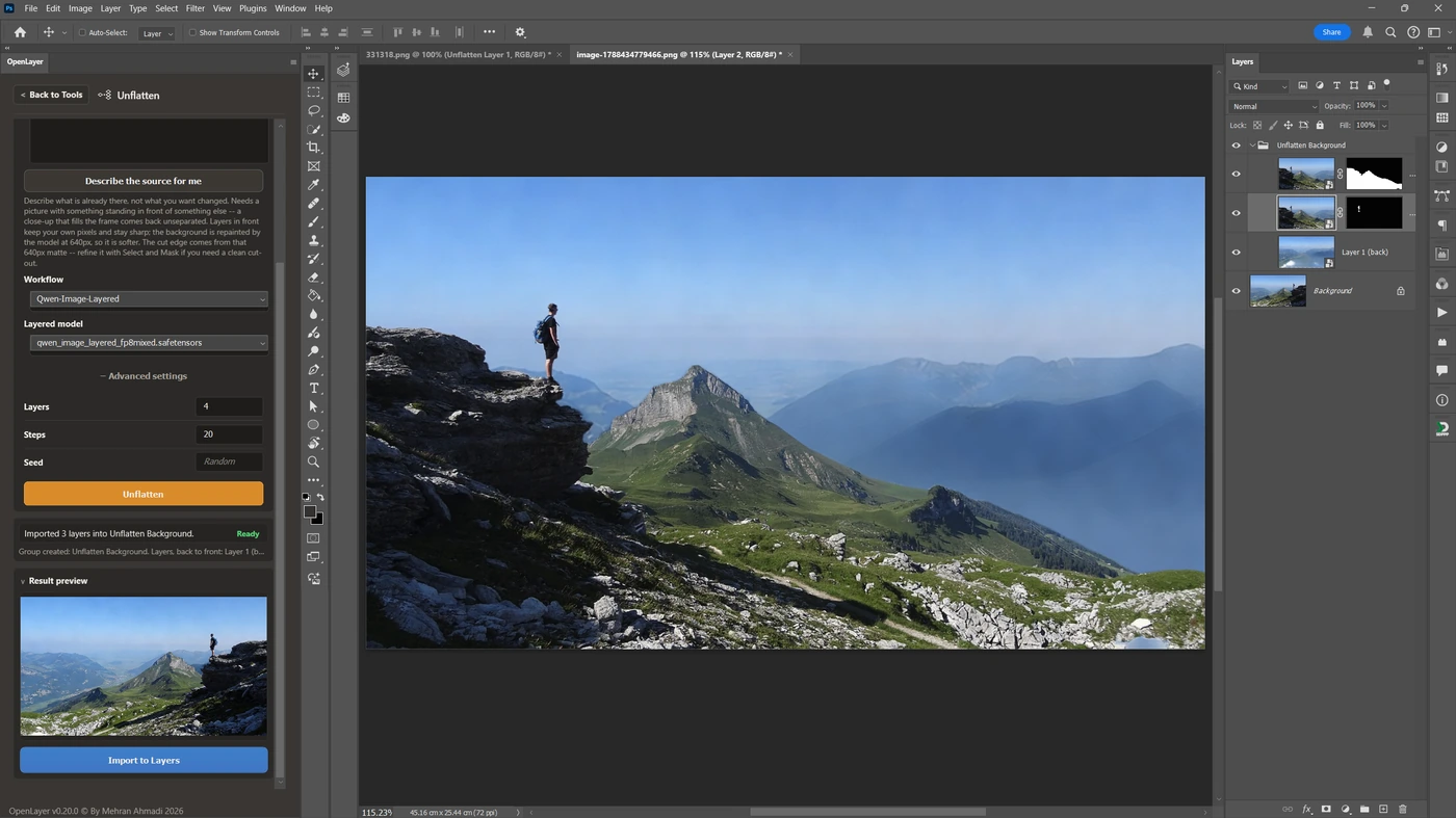 Unflatten splitting a mountain photograph into three layers in Photoshop