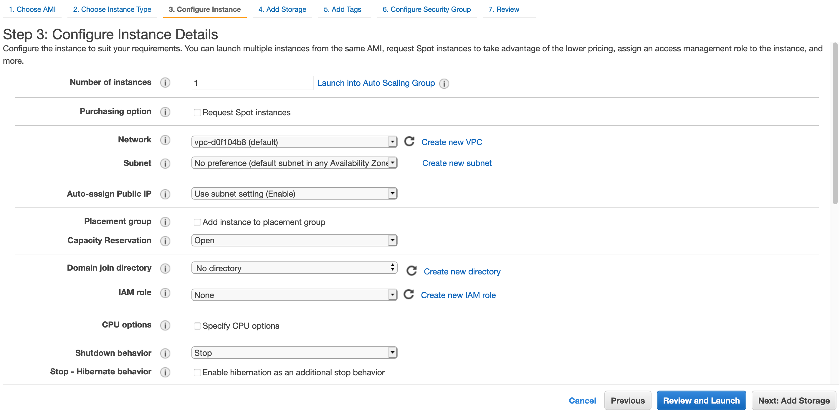 Page titled 'Step 3: Configure Instance Details'. Important: You can launch multiple instances from the same AMI, request Spot instances to take advantage of lower pricing, and assign access management role to the instance.