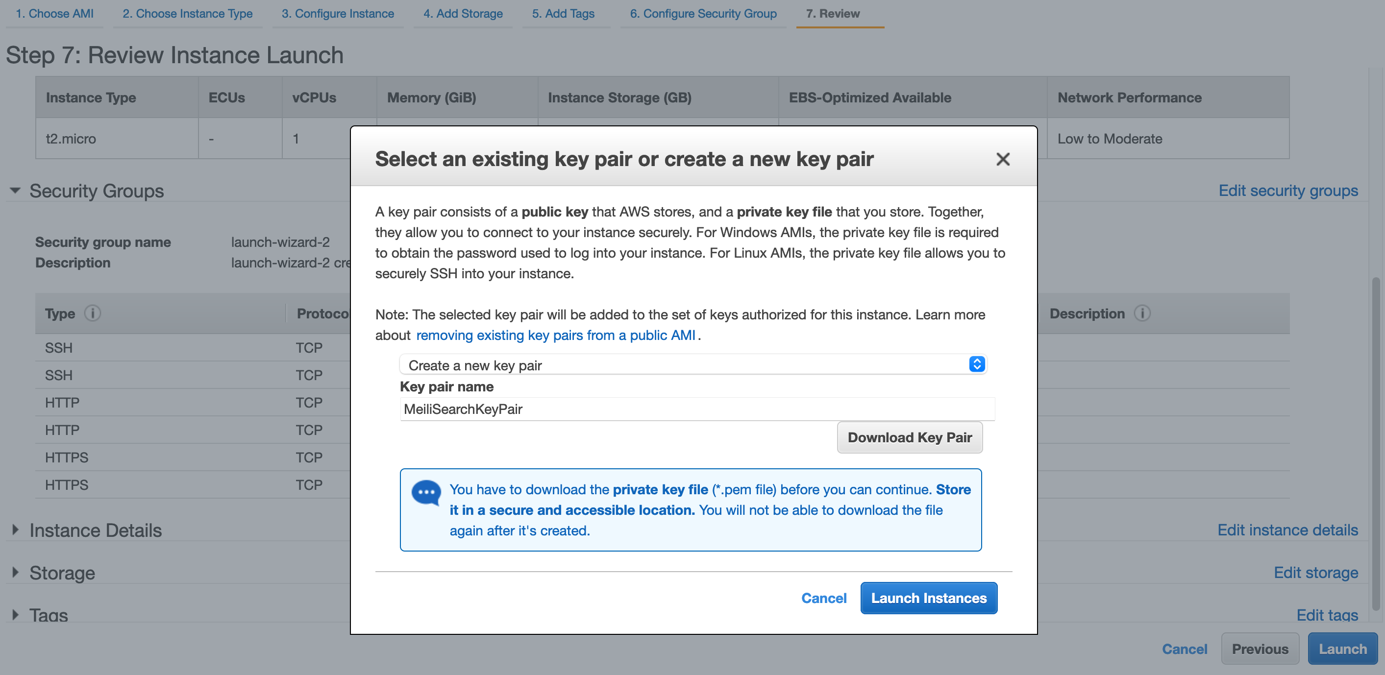 A popup titled: "Select an existing key pair or create a new key pair". Inside the popup, there is a form that allows you to configure key pairs. It also contains a warning: "Download and store your private key file in a secure accessible location. You cannot download it again once it has been created"