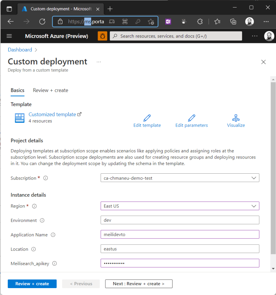The Azure portal prompting for information to deploy Meilisearch