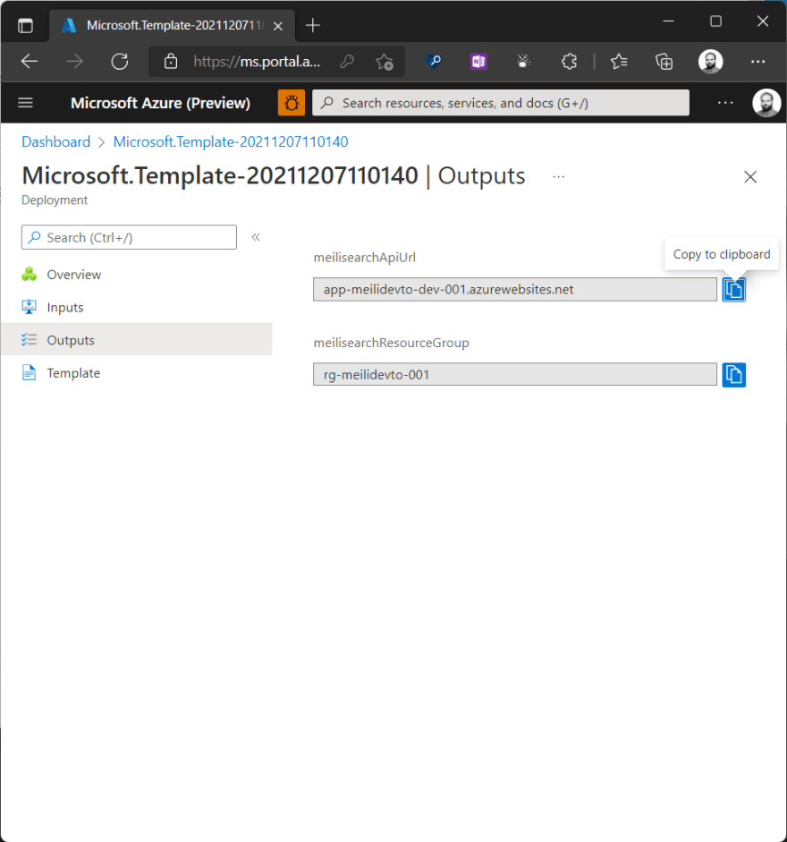 The Azure portal showing information about your Meilisearch deployment
