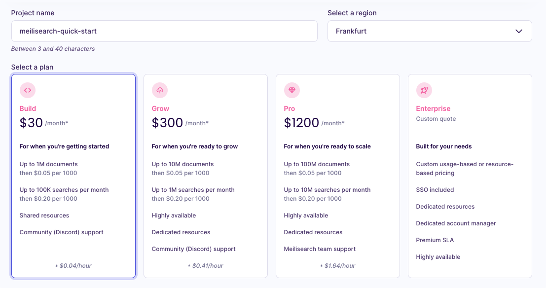 A variation of the previous modal window with an extra mandatory field: "Select a plan". There are four billing plan options, from cheapest to most expensive: "Build", "Grow", "Pro", and "Enterprise"
