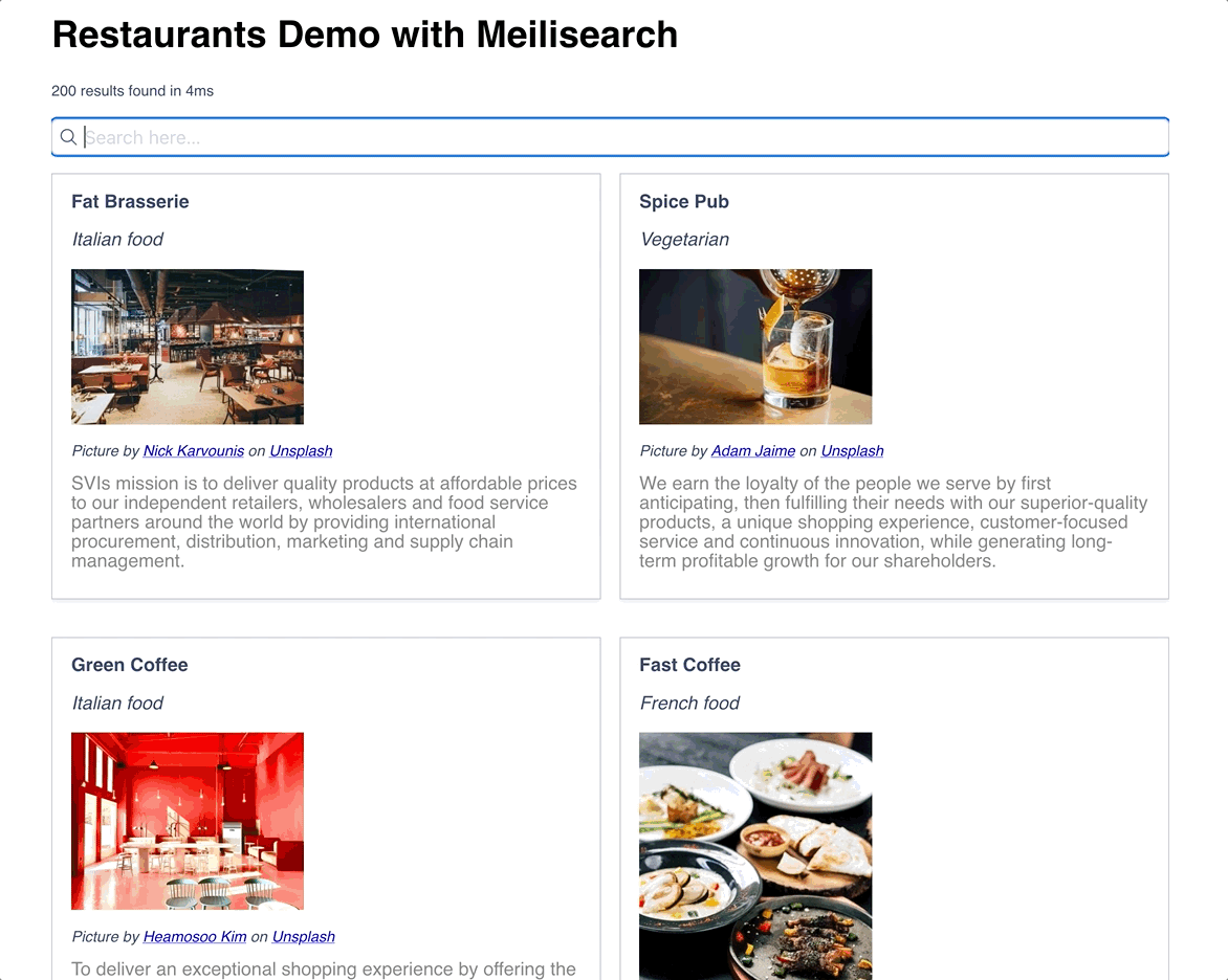 Searching through a list of restaurants