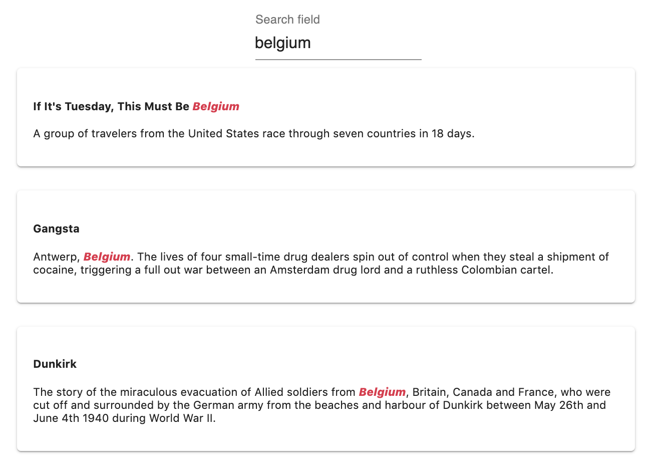 Demonstrating the attribute ranking rule by searching for 'belgium'