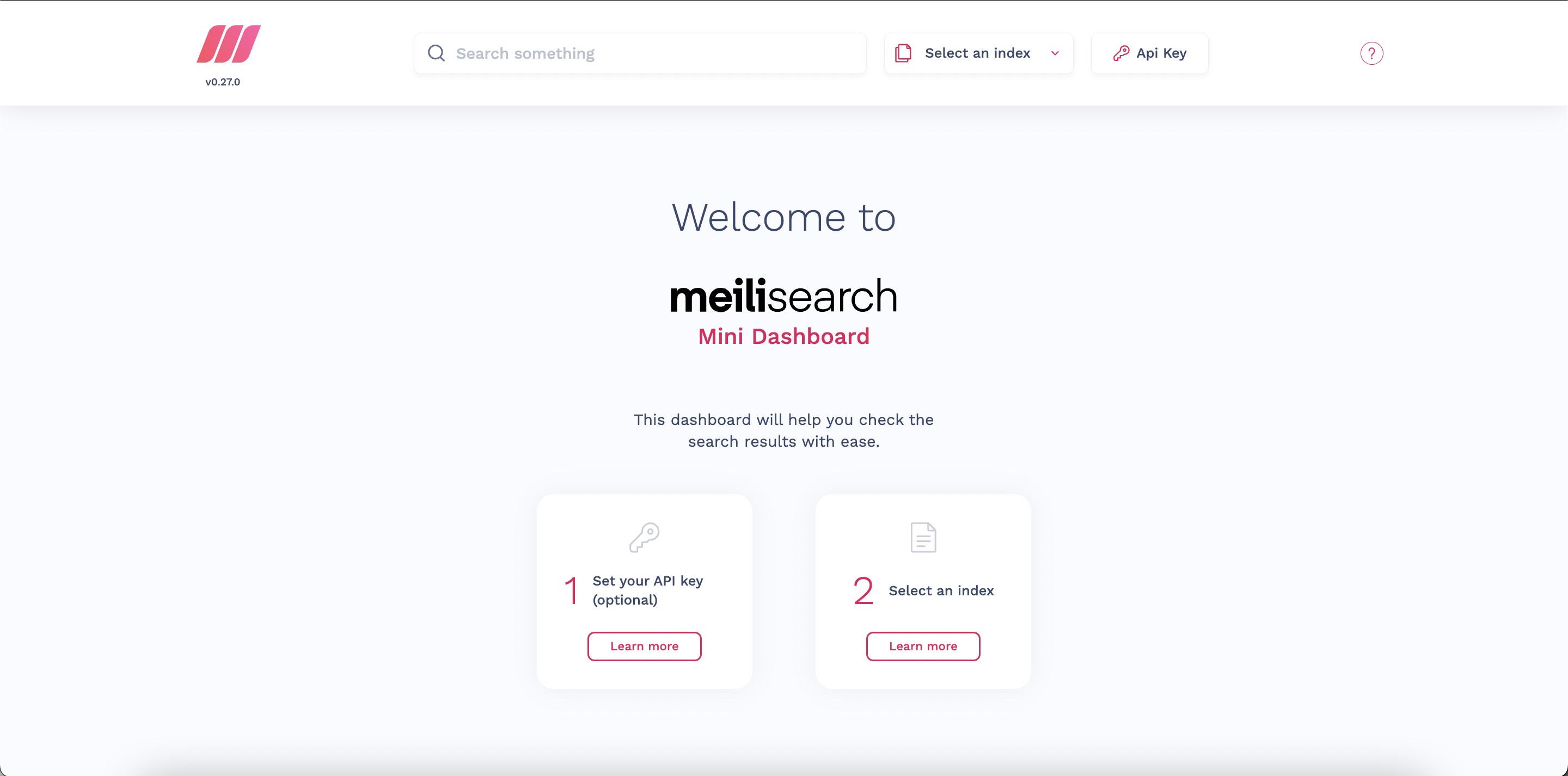 Meilisearch search preview instructing the user to set an API key and configure an index