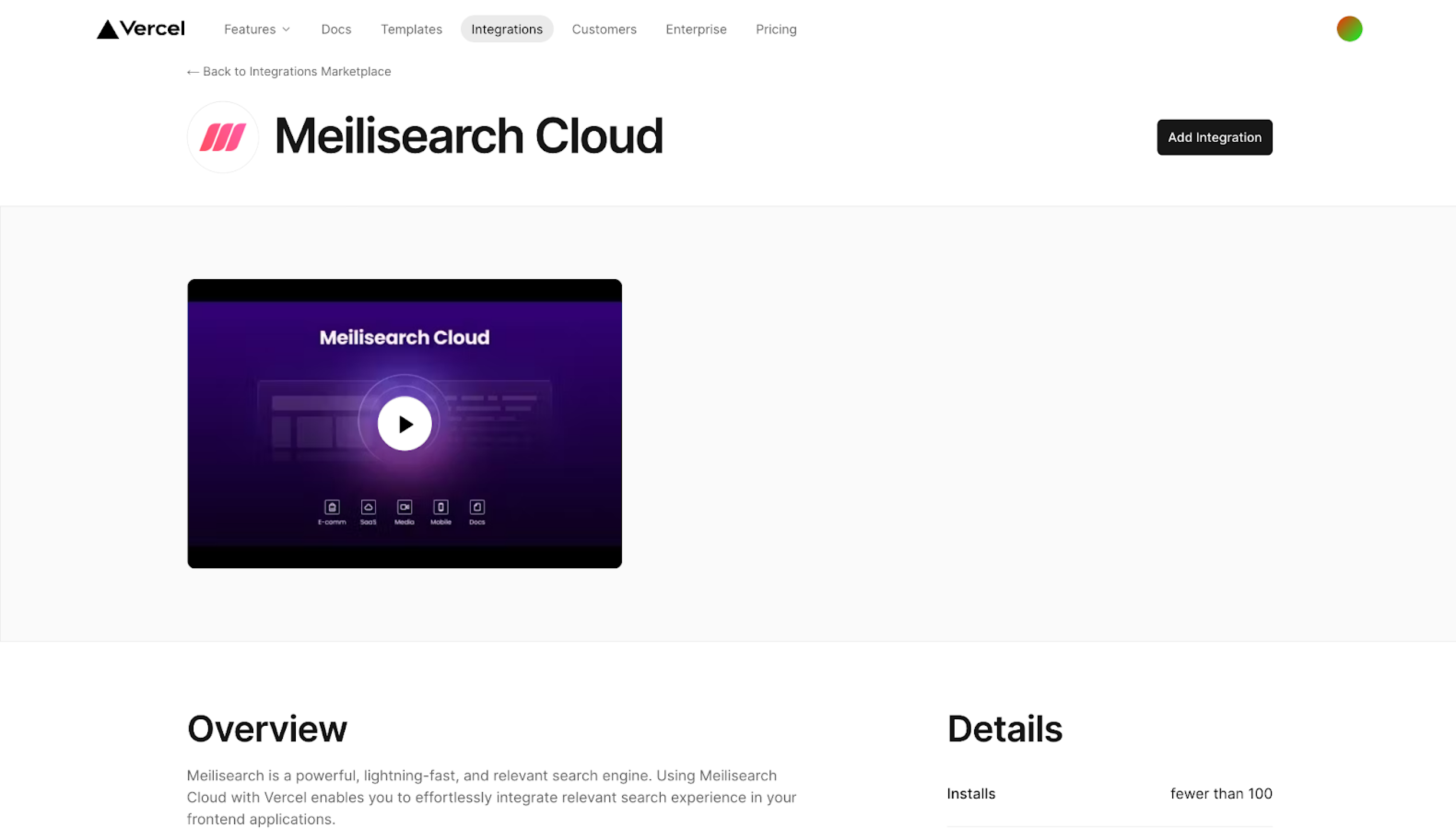 Meilisearch integration page in Vercel's marketplace