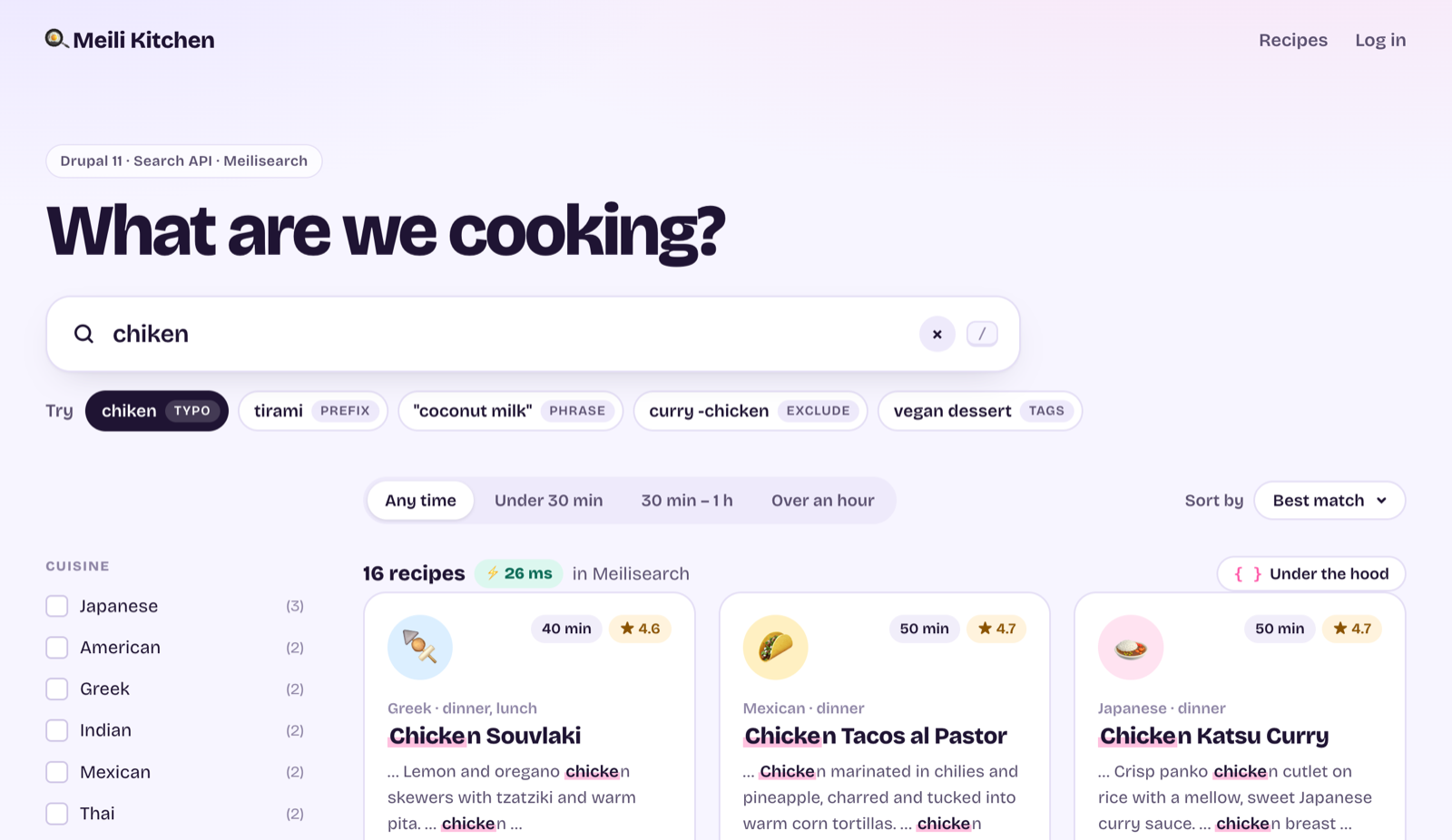 Meili Kitchen: a typo-tolerant recipe search with highlights and facets