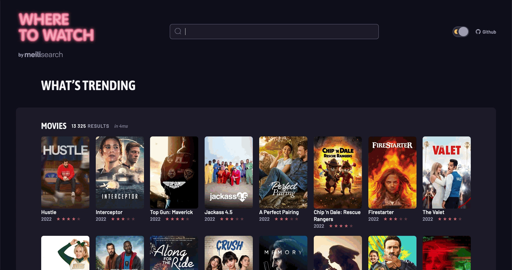 A dark colored application for finding movies screening near the user