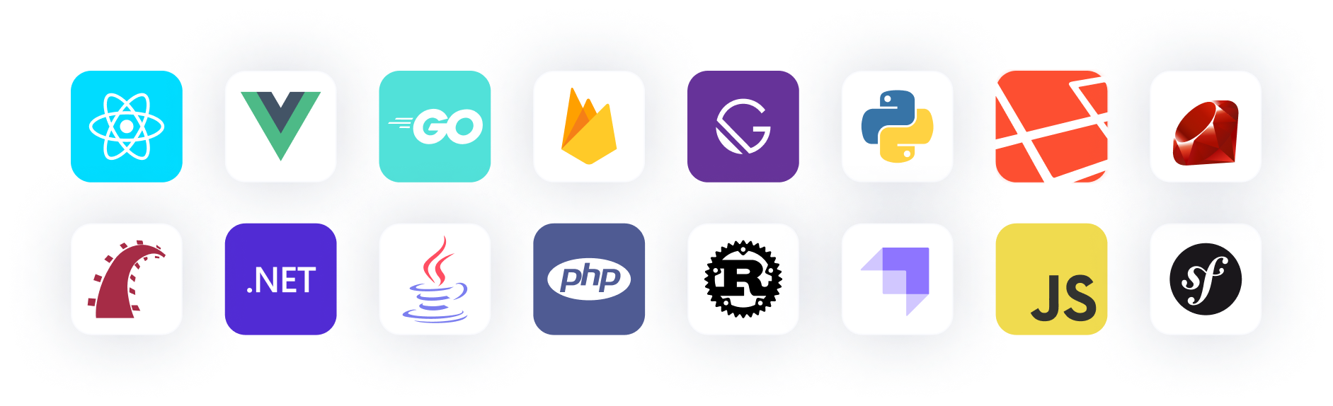 Logos belonging to different languages and frameworks supported by Meilisearch, including React, Ruby on Rails, Go, Rust, and PHP