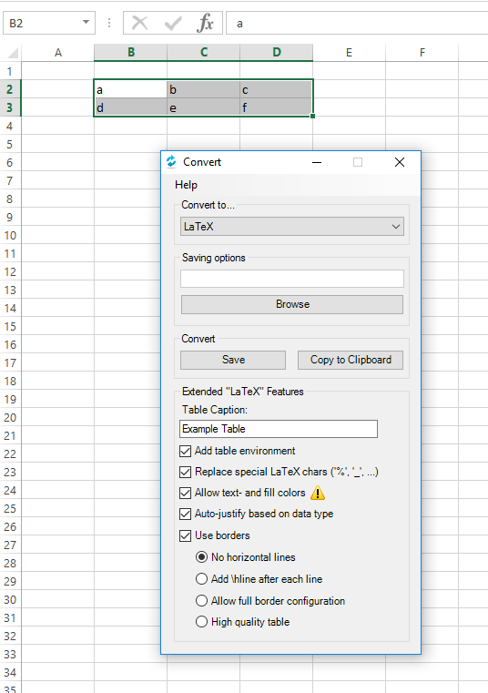 Convert dialog for LaTeX table output