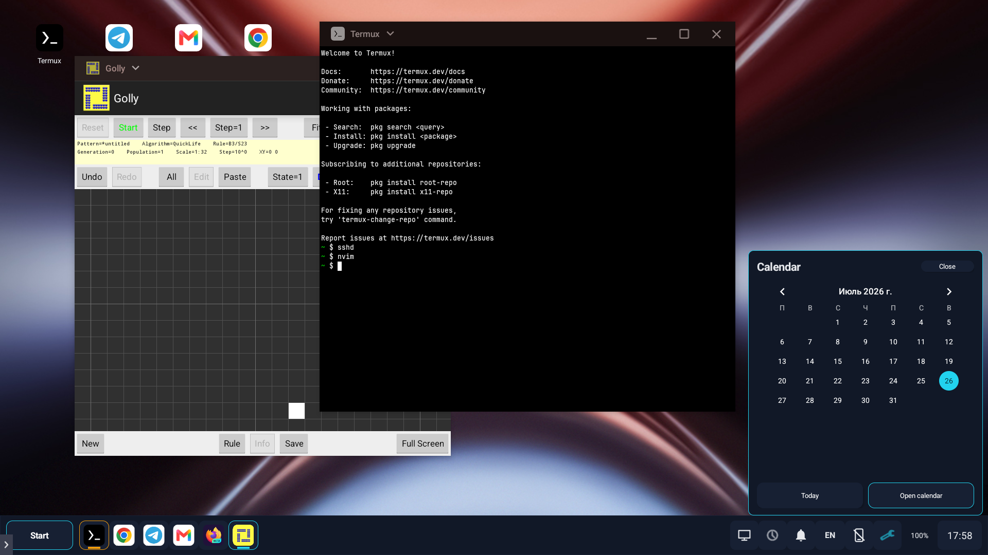 MagicDesk running terminal and graphical applications in native desktop windows with the calendar panel open