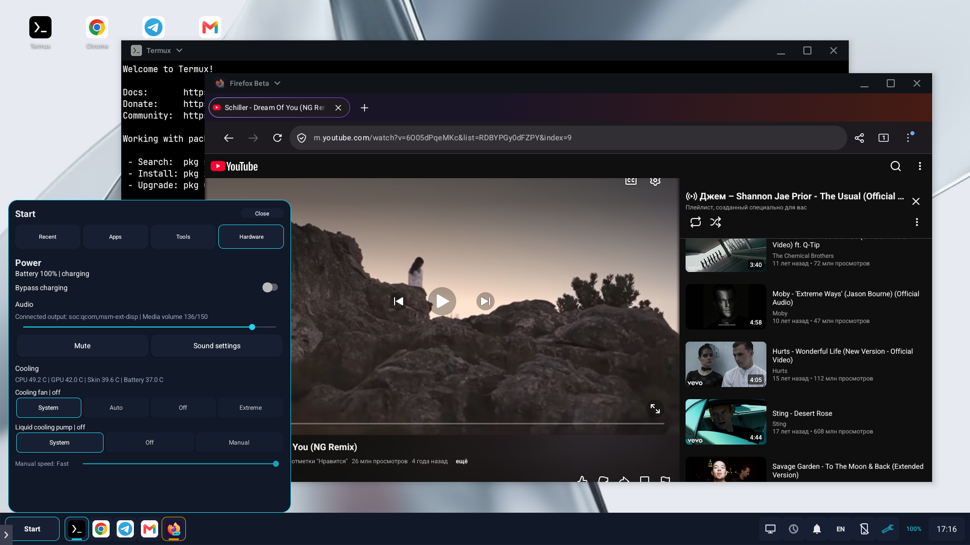 MagicDesk running Termux and Firefox in overlapping native windows with the Hardware panel open