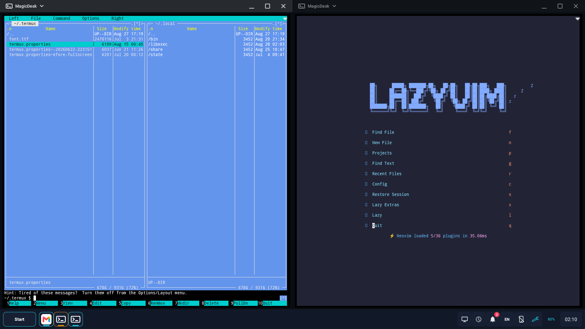 Independent Termux terminals running nvim and Midnight Commander